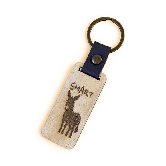 Hand Crafted Other - Wooden Keychain with Leather Strap & Metal Ring – “Smart Donkey” Design